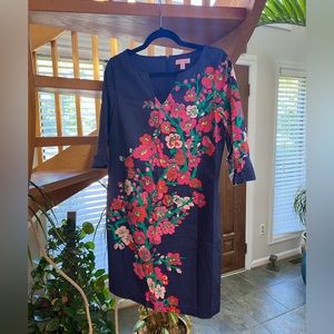 Lilly Pulitzer Shailene Cherry Mine Dress Short Floral Navy Blue 3/4 Sleeve